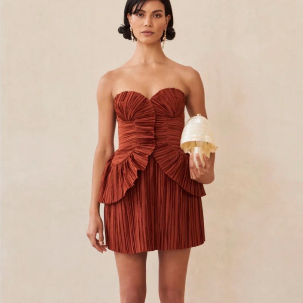 Cult Gaia Strapless Pleated Dress in Tannin
